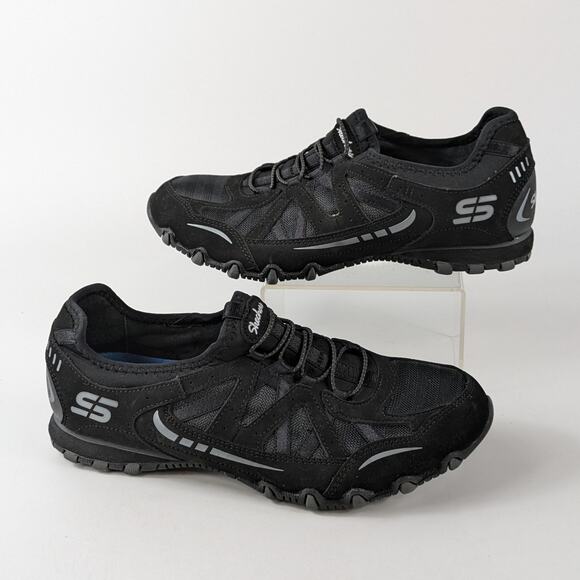 Skechers Womens Sz7 Shoes Black Slip On Tennis Runner Memory Foam Leather Comfy - Picture 1 of 13